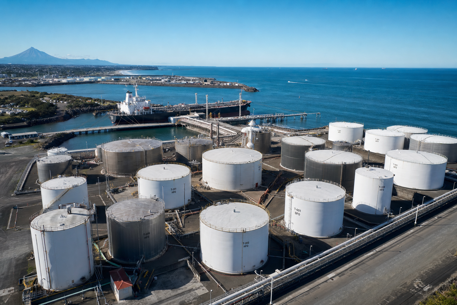 Port Taranaki deep-water port with petroleum storage tanks and Mt Taranaki in the background