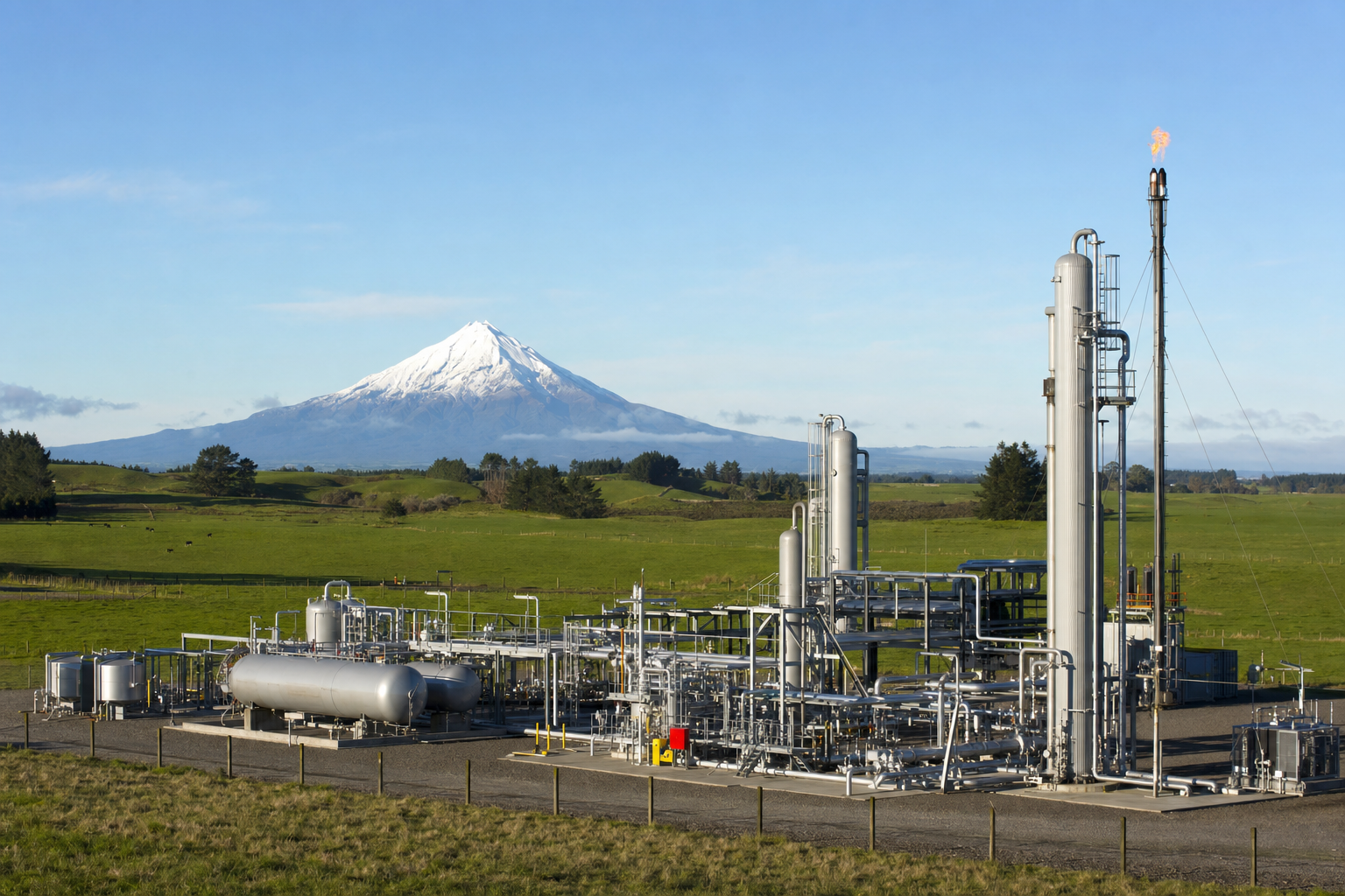 Taranaki gas production station with Mt Taranaki in the background