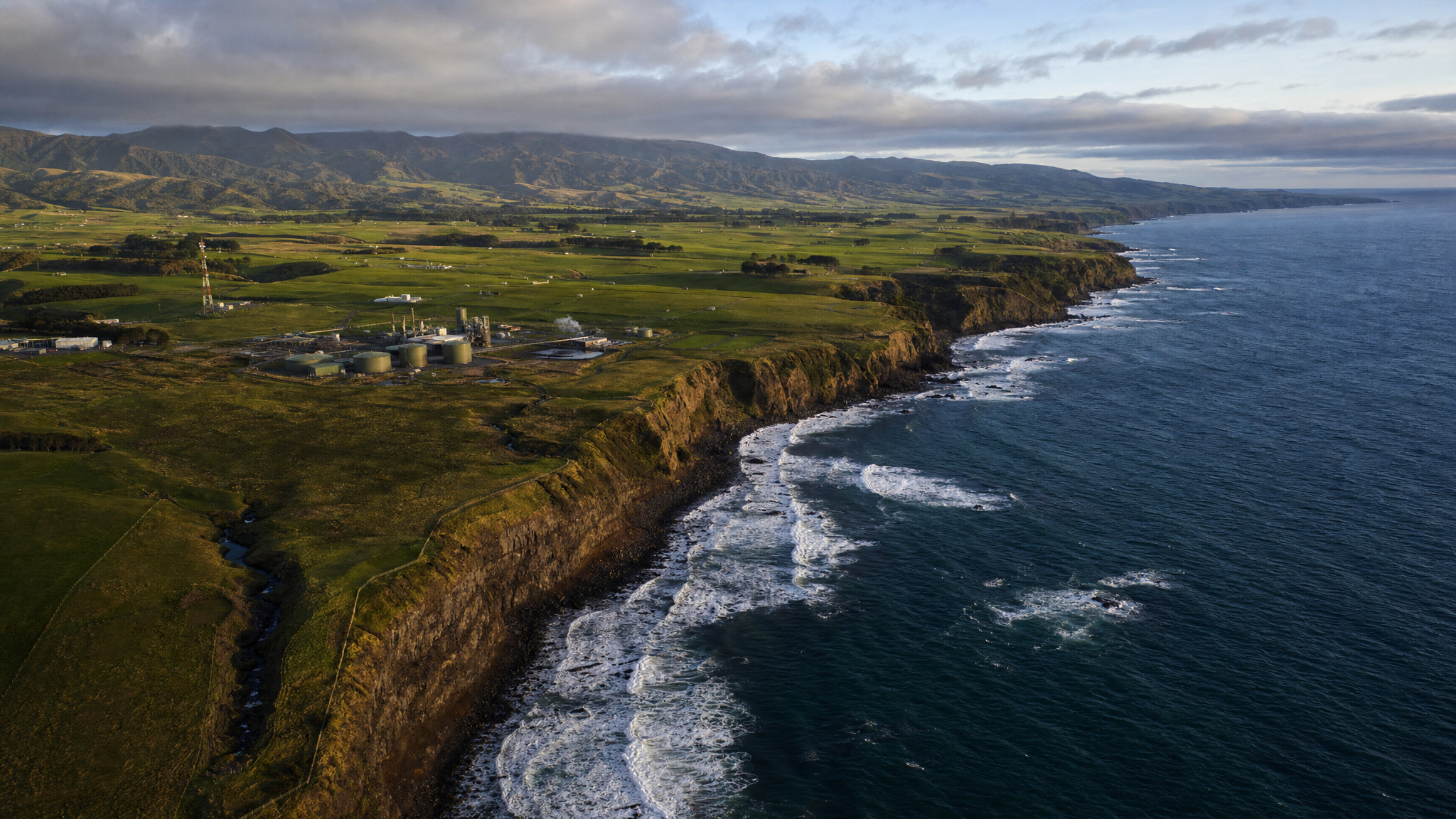 Aerial view of Oaonui Production Station on the Taranaki coast